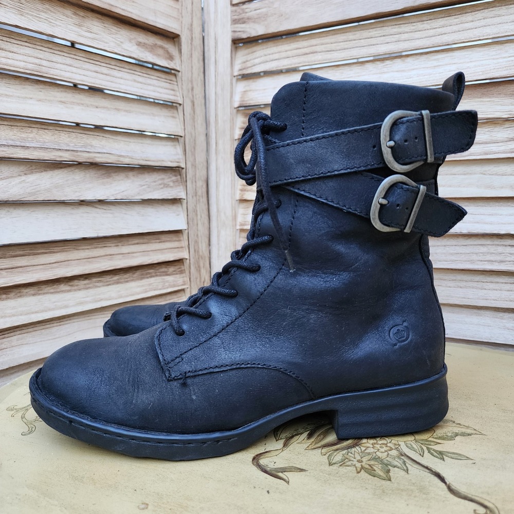 Born US 8.5 Black Leather Lace Up Moto Biker Boots Grunge Punk 90s Dark Academia - Picture 4 of 7